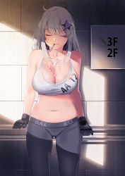 Rule 34 | 1girl, aa-12 (girls&#039; frontline), absurdres, ahoge, bad id, bad twitter id, bags under eyes, bra, breasts, candy, character name, chewing, cleavage, closed eyes, clothes writing, cowboy shot, food, girls&#039; frontline, gloves, grey bra, grey gloves, grey pants, hair ornament, highres, ihobus, large breasts, lollipop, long hair, navel, pants, shade, sidelocks, silver hair, solo, sports bra, standing, star (symbol), star hair ornament, stomach, sweat, underwear