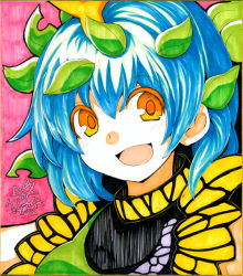 Rule 34 | 1girl, antennae, aqua hair, artist name, blush, butterfly wings, dress, eternity larva, fairy, green dress, hair between eyes, insect wings, leaf, leaf on head, multicolored clothes, multicolored dress, open mouth, orange eyes, portrait, shikishi, short hair, short sleeves, signature, single strap, smile, solo, touhou, umigarasu (kitsune1963), wings