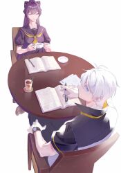 Rule 34 | 00quanta, 1boy, 1girl, absurdres, blue eyes, book, bow, chair, collared shirt, couple, cup, hair bow, highres, holding, holding cup, honkai (series), honkai impact 3rd, kevin kaslana, looking at object, looking back, looking down, mei (honkai impact), no eyewear, paper, pen, ponytail, purple eyes, purple hair, shirt, short sleeves, simple background, sitting, studying, table, watch, white background, white hair