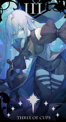 Rule 34 | 1girl, absurdres, arknights, arm cuffs, ascot, bare shoulders, belt, black ascot, black footwear, black hat, black pants, black shirt, boots, breasts, closed mouth, clothing cutout, elite ii (arknights), foot out of frame, hair between eyes, hat, highres, holding, holding sword, holding weapon, jewelry, kotatsu kaya, leg up, long hair, looking away, medium breasts, pants, red eyes, shirt, silver hair, skadi (arknights), skadi (elite ii) (arknights), solo, standing, sword, thigh cutout, thigh strap, thighs, underwater, very long hair, weapon