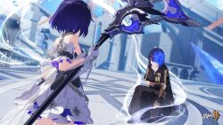 Rule 34 | 2girls, bare shoulders, blue hair, breasts, chain, chinese commentary, colored inner hair, day, detached sleeves, dress, elbow gloves, flower, gloves, hand on own arm, highres, holding, holding scythe, holding weapon, honkai (series), honkai impact 3rd, large breasts, logo, looking at another, multicolored hair, multiple girls, official art, official wallpaper, on floor, outdoors, purple eyes, sage of the high tower, scythe, seele vollerei, seele vollerei (stygian nymph), short hair, spoilers, weapon, white dress, white flower, white gloves