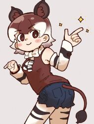 Rule 34 | 1girl, animal ears, animal print, bare shoulders, bow, bowtie, brown eyes, brown hair, elbow gloves, extra ears, gloves, grey background, highres, kemono friends, looking at viewer, multicolored hair, okapi (kemono friends), okapi ears, okapi tail, shirt, short hair, shorts, simple background, sleeveless, sleeveless shirt, solo, sorairo meronpan, tail, thighhighs, two-tone hair, white hair, zebra print