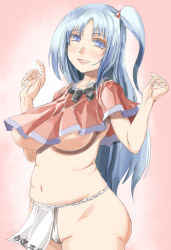 Rule 34 | 1girl, ass, belly, blue eyes, blush, breasts, capelet, colored eyelashes, female focus, fundoshi, hair bobbles, hair ornament, hands up, japanese clothes, large breasts, long hair, looking to the side, navel, open mouth, pink background, plump, shinki (touhou), side ponytail, silver hair, smile, solo, touhou, touhou (pc-98), translation request, underboob, very long hair, yohane