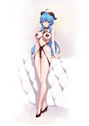 Rule 34 | 1girl, absurdres, ahoge, bare arms, bare shoulders, between breasts, black footwear, blue hair, blue nails, breastless clothes, breasts, cameltoe, closed mouth, collarbone, commentary request, covered erect nipples, covered navel, full body, ganyu (genshin impact), genshin impact, gradient background, heart, heart-shaped pupils, heart pasties, high heels, highres, horns, large breasts, long hair, long sleeves, looking at viewer, nail polish, ouer moyu, pasties, purple eyes, sidelocks, smile, solo, standing, symbol-shaped pupils, very long hair