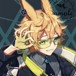 Rule 34 | 1boy, aluce, animal ears, artist name, bishounen, black hair, blush, closed mouth, coat, glasses, hand up, jacket, looking at viewer, orange eyes, original, pale skin, rabbit ears, sample watermark, serious, shiny clothes, short hair, signature, simple background, solo, standing, thunder, watermark