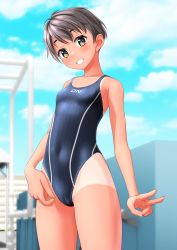 Rule 34 | 1girl, absurdres, black hair, black one-piece swimsuit, blue sky, blurry, blurry background, breasts, brown eyes, cameltoe, clothes writing, cloud, commentary request, competition swimsuit, covered navel, cowboy shot, grin, highleg, highleg swimsuit, highres, one-piece swimsuit, one-piece tan, original, short hair, sky, small breasts, smile, solo, striped clothes, striped one-piece swimsuit, swimsuit, takafumi, tan, tanline, v