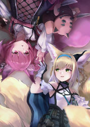 Rule 34 | 2girls, absurdres, animal ear fluff, animal ears, arknights, bare shoulders, black dress, blonde hair, blouse, blue hairband, braid, braided hair rings, breasts, collarbone, collared shirt, commentary request, covered collarbone, dress, dress shirt, e-bushi, fox ears, fox girl, fox tail, gloves, green eyes, hair rings, hairband, highres, infection monitor (arknights), kitsune, knife, long sleeves, lying, material growth, multicolored hair, multiple girls, navel, on back, oripathy lesion (arknights), parted lips, puffy long sleeves, puffy sleeves, purple eyes, purple hair, shamare (arknights), shirt, small breasts, stuffed animal, stuffed dog, stuffed toy, suzuran (arknights), tail, teeth, twin braids, twintails, two-tone hair, upper teeth only, white gloves, white hair, white shirt