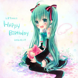 Rule 34 | 1girl, ahoge, bad id, bad pixiv id, boots, bow, bowtie, detached sleeves, fang, gift, green eyes, green hair, happy birthday, hatsune miku, heart, heart-shaped pupils, konayuki, long hair, matching hair/eyes, open mouth, sitting, skirt, solo, symbol-shaped pupils, thigh boots, thighhighs, twintails, very long hair, vocaloid, wariza