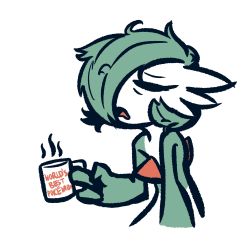 Rule 34 | 1girl, advos, bob cut, closed eyes, colored skin, creatures (company), cropped torso, cup, drink, english text, female focus, flat chest, flat color, game freak, gardevoir, gen 3 pokemon, green hair, green skin, hair over one eye, hand up, highres, holding, holding cup, holding drink, messy hair, mug, multicolored skin, nintendo, one eye covered, open mouth, pokemon, pokemon (creature), short hair, simple background, sketch, sleepy, solo, steam, two-tone skin, u u, upper body, white background, white skin