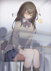 Rule 34 | !, 1girl, ^ ^, between legs, black socks, blue skirt, blush, bow, bowtie, breasts, brown bow, brown bowtie, brown hair, brown sweater, clenched teeth, closed eyes, collared shirt, embarrassed, female focus, grey background, hand between legs, hand on own thigh, have to pee, highres, japanese text, knees together feet apart, leaning forward, long hair, long sleeves, miniskirt, motion lines, nose blush, original, plaid, plaid skirt, pleated skirt, school uniform, shirt, sidelocks, sign, skirt, small breasts, socks, solo, sweat, sweater, teeth, thought bubble, translation request, warning sign, watakarashi, white shirt