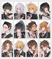 Rule 34 | 6+boys, 6+girls, arm up, black eyes, black hair, blonde hair, blue eyes, blue hair, bow, brown hair, closed mouth, collared shirt, dante (limbus company), don quixote (project moon), faust (project moon), glasses, gregor (project moon), hair bow, hand up, heathcliff (project moon), high ponytail, hong lu (project moon), ishmael (project moon), limbus company, long hair, looking at viewer, meursault (project moon), multiple boys, multiple girls, necktie, open mouth, orange hair, outis (project moon), project moon, red necktie, rodion (project moon), ryoshu (project moon), sapphire (nine), shirt, sinclair (project moon), smile, very long hair, white bow, white hair, white shirt, yellow eyes, yi sang (project moon)
