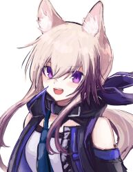 Rule 34 | 1girl, 3 (sanyako1), :d, animal ears, arknights, bare shoulders, black jacket, black sleeves, blush, brown hair, cardigan (arknights), detached sleeves, dog ears, dog girl, hair between eyes, highres, jacket, long hair, looking at viewer, multicolored hair, neckerchief, open clothes, open jacket, open mouth, purple eyes, purple hair, purple neckerchief, shirt, sidelocks, simple background, smile, solo, streaked hair, teeth, upper body, upper teeth only, white background, white shirt