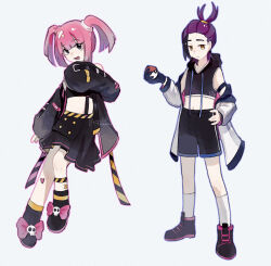 Rule 34 | 1boy, 1girl, :d, alternate costume, black footwear, black gloves, black hair, black shorts, bow, closed mouth, commentary request, creatures (company), cropped vest, game freak, gloves, hand on own hip, hand up, highres, holding, holding poke ball, hood, hood down, hooded vest, hoodie, kieran (pokemon), knees, midriff, multicolored hair, nintendo, open mouth, pink bow, pink hair, pleated skirt, poke ball, poke ball (basic), pokemon, pokemon (anime), pokemon horizons, pokemon sv, purple hair, coral (pokemon), shoes, shorts, skirt, smile, socks, tassel, twintails, two-tone hair, vest, ykt (yorktin fake)