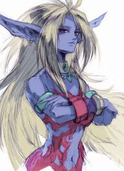 Rule 34 | 1girl, animal ears, breasts, breath of fire, breath of fire ii, closed mouth, earrings, highres, jewelry, kannoaki, long hair, looking at viewer, pointy ears, rinpoo chuan, simple background, solo, topless, white background