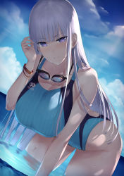 Rule 34 | 1girl, akitaka akita, ass, bent over, blue sky, blush, bracelet, breasts, cloud, competition swimsuit, day, goggles, goggles around neck, grin, highres, jewelry, large breasts, one-piece swimsuit, original, outdoors, purple eyes, purple hair, sky, smile, solo, swimsuit, wading