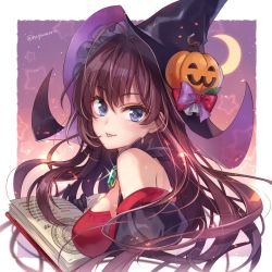 Rule 34 | 1girl, ahoge, bare shoulders, black gloves, blue eyes, blush, book, border, bow, breasts, brown hair, crescent moon, dress, gloves, hagiwara rin, hair between eyes, halloween, halloween costume, hat, ichinose shiki, idolmaster, idolmaster cinderella girls, jack-o&#039;-lantern ornament, jewelry, long hair, looking at viewer, looking to the side, medium breasts, moon, open book, pendant, puffy sleeves, red dress, smile, solo, star (symbol), starry background, tongue, tongue out, white border, witch, witch hat