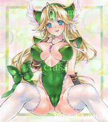 Rule 34 | 1girl, artist name, at classics, between breasts, blonde hair, blue eyes, blush, bow, breasts, breasts apart, bridal gauntlets, cameltoe, cleft of venus, covered erect nipples, forehead jewel, gluteal fold, green bow, green leotard, hair bow, head wings, jewelry, large breasts, leotard, long hair, looking at viewer, necklace, open mouth, pendant, riesz, sample watermark, seiken densetsu, seiken densetsu 3, sitting, smile, solo, thighhighs, traditional media, watermark, white thighhighs, wings