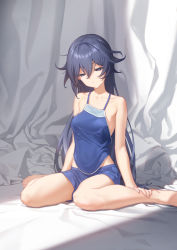 Rule 34 | 1girl, backdrop, bare arms, bare legs, bare shoulders, barefoot, bed sheet, blue camisole, blue eyes, blue hair, blue skirt, breasts, camisole, collarbone, eyebrows hidden by hair, fu hua, hair between eyes, hands on own legs, highres, honkai (series), honkai impact 3rd, long hair, looking down, medium breasts, messy hair, no bra, sitting, skirt, solo, spaghetti strap, tdc24