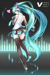 Rule 34 | 1girl, absurdly long hair, absurdres, boots, detached sleeves, from behind, full body, green eyes, green hair, hatsune miku, hatsune miku (vocaloid3), headphones, heart, highres, legs, long hair, looking back, matching hair/eyes, necktie, see-through, skirt, solo, takanashie, thigh boots, thighhighs, twintails, very long hair, vocaloid