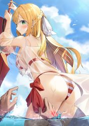 Rule 34 | 1girl, absurdres, ahoge, alternate hairstyle, ass, bare shoulders, bikini, blonde hair, blue sky, blush, braid, breasts, cloud, commentary, criss-cross halter, day, fate/grand order, fate (series), green eyes, hair between eyes, hair intakes, hair ribbon, halterneck, highres, huge filesize, kuse (0201), large breasts, long hair, looking at viewer, looking back, nero claudius (fate), nero claudius (fate) (all), nero claudius (swimsuit caster) (fate), nero claudius (swimsuit caster) (third ascension) (fate), ocean, outdoors, pov, pov hands, red bikini, ribbon, see-through, side-tie bikini bottom, sidelocks, sky, smile, solo focus, striped bikini, striped clothes, swimsuit, twintails, very long hair, wading, water, wet, white ribbon