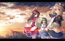 Rule 34 | 3girls, bad id, bad pixiv id, blonde hair, bow, braid, brown hair, cloud, detached sleeves, female focus, frog, green hair, hair bow, hair ornament, hakurei reimu, hat, highres, japanese clothes, kirisame marisa, kochiya sanae, landscape, letterboxed, light rays, long hair, miko, multiple girls, red eyes, snake, sousouman, sunbeam, sunlight, sunset, torii, touhou, undefined fantastic object, wallpaper, witch, witch hat, yellow eyes