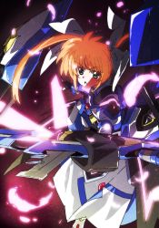 Rule 34 | 1girl, armor, armored dress, black gloves, blue eyes, boots, brown hair, bygddd5, commentary request, dress, energy weapon, foreshortening, fortress (nanoha), gloves, glowing feather, hair ribbon, highres, holding, long dress, long sleeves, looking at viewer, lyrical nanoha, magical girl, mahou shoujo lyrical nanoha the movie 3rd: reflection, open mouth, raising heart, ribbon, short hair, solo, takamachi nanoha, takamachi nanoha (formula mode), twintails, white dress, white footwear, white ribbon