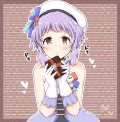 Rule 34 | 1girl, bare shoulders, beret, black skirt, blush, box, brown background, brown eyes, closed mouth, commentary request, gift, gift box, gloves, hands up, hat, heart, holding, holding gift, idolmaster, idolmaster million live!, lockheart, looking at viewer, makabe mizuki, purple hair, shirt, skirt, sleeveless, sleeveless shirt, solo, valentine, white gloves, white hat, white shirt