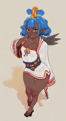 Rule 34 | 1girl, absurdres, alternate hairstyle, alternate skin color, amanozako (megami tensei), artist name, black wings, blue hair, breasts, cleavage, commentary, dark-skinned female, dark skin, dress, english commentary, facial mark, feathers, full body, geta, hand on own cheek, hand on own face, highres, jacket, mahmapuu, orange eyes, parted lips, pointy ears, shadow, shin megami tensei, shin megami tensei v, short dress, small breasts, smile, solo, strapless, strapless dress, tengu-geta, tube dress, very dark skin, watermark, white jacket, wide sleeves, wings