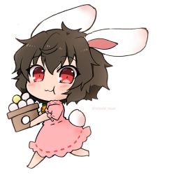 Rule 34 | 1girl, :3, animal ears, barefoot, blush, brown hair, carrot necklace, dress, eating hair, food, food in mouth, hair between eyes, inaba tewi, looking at viewer, mochi, necklace, noai nioshi, pink dress, puffy short sleeves, puffy sleeves, rabbit ears, rabbit tail, red eyes, ribbon-trimmed dress, short hair, short sleeves, simple background, solo, tail, touhou, twitter username, white background