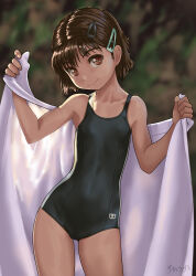 Rule 34 | 1girl, armpits, artist name, bare shoulders, black one-piece swimsuit, blunt ends, blurry, brown eyes, brown hair, closed mouth, collarbone, commentary request, contrapposto, covered navel, cowboy shot, depth of field, dot nose, flat chest, hair ornament, hairclip, hands up, highres, holding, holding towel, looking at viewer, medium hair, new school swimsuit, one-piece swimsuit, original, outdoors, parted hair, rohitsuka, school swimsuit, signature, smile, solo, standing, straight hair, swimsuit, towel, white towel