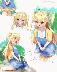 Rule 34 | 1girl, absurdres, blonde hair, crying, denim, denim dress, fujisawa yuzu, grass, have to pee, highres, michinoku (michino934), ongeki, outdoors, overall skirt, overalls, pee stain, peeing, peeing self, plant, puddle, seiza, side ponytail, sitting, socks, tears, trembling, two side up, wet, wet clothes