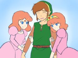 Rule 34 | 1boy, 2girls, angry, annoyed, blue eyes, brown hair, closed eyes, crown, dress, elf, grin, hat, head on another&#039;s shoulder, holding another&#039;s arm, jewelry, link, long sleeves, multiple girls, necklace, nervous, nintendo, pink dress, pointy ears, princess zelda, red hair, retro artstyle, sidelocks, smile, sweat, the legend of zelda, the legend of zelda (nes), tiara, tunic, young zelda, zelda ii: the adventure of link