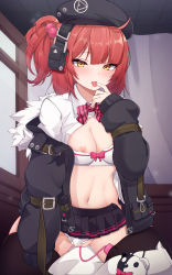 Rule 34 | 1girl, 5danny1206, absurdres, beret, black hat, black jacket, black skirt, black thighhighs, bow, bowtie, bra, bra pull, cleft of venus, clothes pull, clothing aside, commission, girls&#039; frontline, hat, headphones, highres, jacket, long sleeves, microskirt, mp7 (girls&#039; frontline), navel, nipples, one side up, open clothes, open jacket, open shirt, panties, panties aside, pink bow, pink bowtie, pleated skirt, pussy juice, red hair, remote control vibrator, sex toy, shirt, skirt, solo, striped bow, striped bowtie, striped clothes, sweat, thighhighs, underwear, vibrator, vibrator cord, vibrator in thighhighs, white bra, white panties, white shirt, yellow eyes