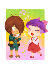 Rule 34 | 1boy, 1girl, bow, brown hair, closed eyes, commentary request, fang, gegege no kitarou, hair bow, hair over one eye, happy, instrument, kitarou, music, nekomusume, ocarina, one eye covered, own hands together, playing instrument, purple hair, red footwear, short hair, yuunagi415