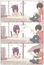 Rule 34 | 1boy, 1girl, 3koma, :3, animal ear fluff, animal ears, bare shoulders, blush, blush stickers, brown hair, cat ears, cat girl, cat tail, cat teaser, chair, chinchin kemokemo, closed mouth, collarbone, comic, commentary request, cup, dress, drinking straw, eraser, flower, fujisaki yuu, glasses, hair between eyes, hair ornament, hairclip, holding, indoors, long hair, looking at another, notebook, open mouth, original, paw pose, pencil, pillow, pout, red shirt, shirt, short hair, sitting, sleeveless, sleeveless dress, sliding doors, smile, star-shaped pupils, star (symbol), symbol-shaped pupils, t-shirt, table, tail, tail raised, wavy mouth, writing