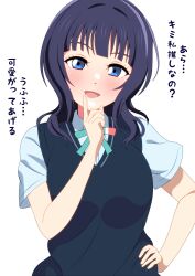 Rule 34 | 1girl, absurdres, asaka karin, blue eyes, blue hair, blue shirt, blue vest, blunt bangs, blush, breasts, collared shirt, commentary request, finger to mouth, green ribbon, hand on own hip, highres, looking at viewer, love live!, love live! nijigasaki high school idol club, medium breasts, neck ribbon, nijigasaki school uniform, open mouth, ribbon, school uniform, shinonome sakura, shirt, short sleeves, sidelocks, solo, standing, summer uniform, translation request, upper body, vest, white background