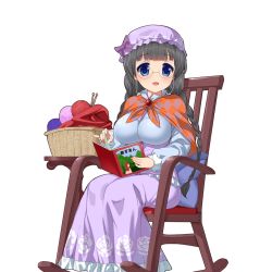 Rule 34 | 1girl, :d, :o, argyle, basket, black hair, blue eyes, blunt bangs, blush, book, bow, braid, breasts, brooch, chain, chair, colored eyelashes, dress, eyewear strap, floral print, frilled dress, frills, from side, full body, glasses, hair tie, happy, hat, hat bow, holding, holding book, jewelry, knitting needle, kusaka souji, large breasts, little red riding hood, little red riding hood (grimm), long dress, long hair, long sleeves, looking at viewer, mob cap, nail polish, needle, official art, open book, open mouth, pillow, pink nails, purple bow, purple dress, purple hat, rimless eyewear, rocking chair, roomy powan, rose print, round eyewear, shawl, sitting, sleeve cuffs, smile, solo, table, transparent background, turtleneck, twin braids, uchi no hime-sama ga ichiban kawaii, very long hair, white background, yarn, yarn ball