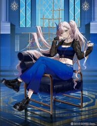 Rule 34 | 1girl, black footwear, blue eyes, blue pants, crop top, hair ornament, highres, hololive, hololive indonesia, jewelry, kuga huna, long hair, long sleeves, looking at viewer, midriff, nail polish, navel, necklace, official art, on chair, pants, pavolia reine, smile, virtual youtuber, white hair
