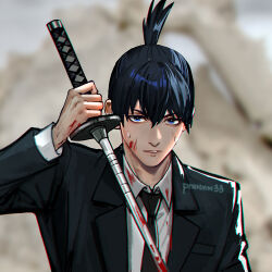 Rule 34 | 1boy, black hair, black jacket, black necktie, blood, blood on clothes, blood on face, blue eyes, blurry, blurry background, chainsaw man, collared shirt, hayakawa aki, holding, holding sword, holding weapon, jacket, katana, looking at viewer, mistermagnolia, necktie, shirt, short hair, solo, sweat, sword, topknot, weapon, white shirt