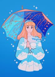 Rule 34 | 1girl, artist name, blonde hair, blue background, constellation, cropped torso, gradient background, holding, holding umbrella, long hair, long sleeves, meyoco, moon phases, original, puffy long sleeves, puffy sleeves, solo, sparkle, umbrella, upper body