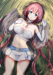 Rule 34 | 1girl, :o, absurdres, ahoge, angel wings, aqua eyes, belt, blue belt, blush, breasts, bustier, chain, cleavage, collar, cross, elbow gloves, gloves, hand on own chest, highres, ikaros, large breasts, long hair, looking at viewer, low twintails, lying, midriff, miniskirt, navel, on back, pink hair, pink wings, ripples, robot ears, skirt, solo, sora no otoshimono, strapless, tube top, twintails, very long hair, water, white gloves, white skirt, wings, ying jing meng