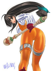 Rule 34 | 00s, 1girl, ass, bent over, black hair, bodysuit, final fantasy, final fantasy ix, garnet til alexandros xvii, latex, latex suit, long hair, low-tied long hair, orange bodysuit, pantylines, shiny clothes, skin tight, solo, staff, thigh strap, walnov, white background