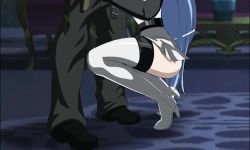 Rule 34 | 1boy, 1girl, akame ga kill!, animated, black pants, blue eyes, blue hair, blush, boots, breasts, brown hair, cleavage, clothes pull, couch, esdeath, fellatio, hetero, high heel boots, high heels, huge breasts, indoors, large breasts, living room, long hair, military, military uniform, oral, pants, pants pull, patting head, sex, short hair, squatting, tatsumi (akame ga kill!), thigh boots, thighhighs, uniform, video