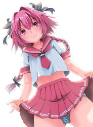 Rule 34 | 1boy, 3:, astolfo (fate), astolfo (sailor paladin) (fate), blush, bow, braid, clothes lift, commentary request, cowboy shot, crop top, fang, fate/apocrypha, fate/grand order, fate (series), gluteal fold, hair between eyes, hair bow, hair intakes, highres, lifting own clothes, long hair, looking at viewer, maimu (gol-em-1226), male focus, midriff, neckerchief, official alternate costume, panties, pink eyes, pink hair, pink sailor collar, pink skirt, pleated skirt, sailor collar, school uniform, serafuku, short sleeves, simple background, single braid, skirt, skirt lift, smile, solo, standing, striped clothes, striped panties, trap, underwear, white background