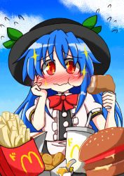 Rule 34 | 1girl, :t, blue hair, blue sky, blush, bow, chicken (food), cloud, day, dress, eating, flying sweatdrops, food, foodgasm, french fries, burger, hand on own cheek, hand on own face, hat, hinanawi tenshi, leaf, long hair, looking at viewer, mcdonald&#039;s, pun, red eyes, rindou (p41neko), short sleeves, sky, solo, sparkle, touhou, wavy mouth