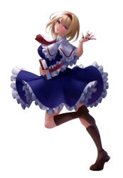 Rule 34 | 1girl, absurdres, alice margatroid, ascot, blonde hair, blue dress, blue eyes, blush, book, boots, brown footwear, capelet, dress, full body, hairband, highres, holding, holding book, looking at viewer, onikoroshi, open mouth, red ascot, red hairband, simple background, solo, touhou, white background, white capelet