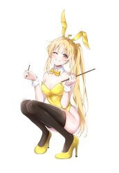 Rule 34 | 1girl, ahoge, animal ears, artist request, black thighhighs, blonde hair, bocchi the rock!, bow, bowtie, breasts, check artist, detached collar, drumsticks, fake animal ears, fake tail, full body, grin, high heels, highleg, highleg leotard, highres, holding, holding drumsticks, ijichi nijika, legs, leotard, long hair, looking at viewer, one eye closed, orange eyes, playboy bunny, rabbit ears, rabbit tail, shoes, side ponytail, sidelocks, signature, simple background, small breasts, smile, solo, squatting, strapless, strapless leotard, tail, thighhighs, very long hair, white background, wrist cuffs, yellow bow, yellow bowtie, yellow footwear, yellow leotard, yoru0409