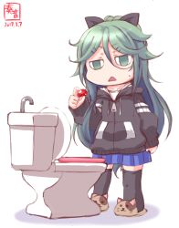 Rule 34 | 10s, 1girl, alternate costume, casual, commentary request, dated, green eyes, green hair, hair ornament, hair ribbon, hairclip, highres, holding, hood, hooded jacket, jacket, jitome, kanon (kurogane knights), kantai collection, long hair, pleated skirt, ribbon, simple background, sketch, skirt, slippers, solo, sweat, thighhighs, toilet seat, triangle mouth, white background, yamakaze (kancolle), zettai ryouiki