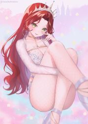 Rule 34 | 1girl, breasts, commentary, crown, earrings, fishnet pantyhose, fishnets, green eyes, highres, hoop earrings, jewelry, long hair, looking at viewer, medium breasts, original, pantyhose, red hair, solo, suzuho hotaru, symbol-only commentary, tongue, tongue out, twitter username, white footwear, white nails