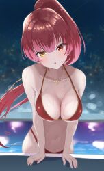 Rule 34 | 1girl, bikini, blush, breasts, cleavage, gold necklace, heart, heart necklace, heterochromia, highres, hololive, houshou marine, houshou marine (summer), jewelry, large breasts, long hair, looking at viewer, navel, necklace, official alternate costume, open mouth, ponytail, red bikini, red eyes, red hair, swimsuit, taachika, virtual youtuber, yellow eyes